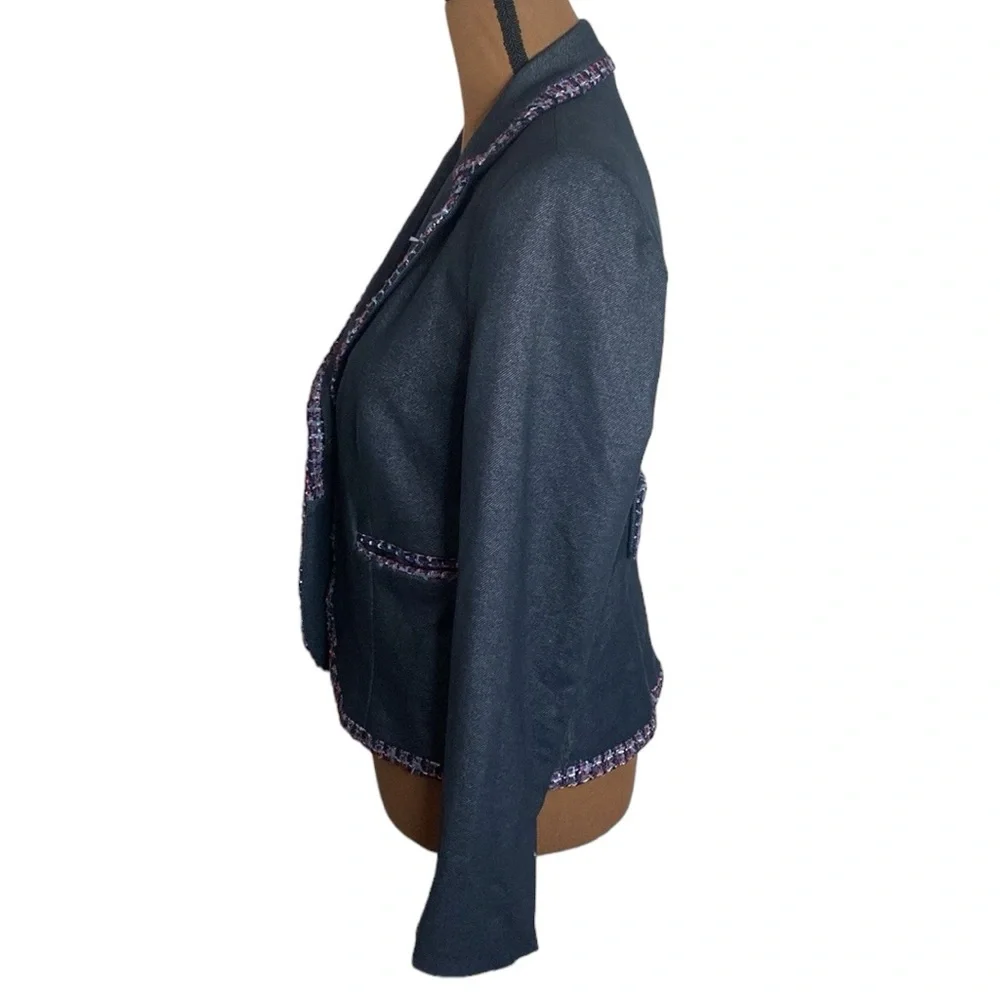 7th Avenue New York & Co denim like tweed ribbon trimmed tailored blazer size S